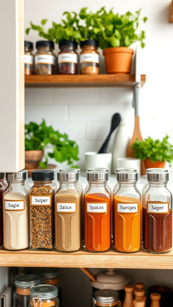 Organized spice rack with labeled glass jars in a bright kitchen.